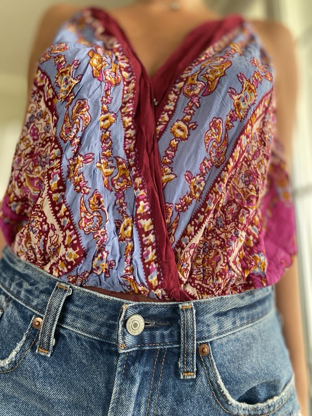 FREE PEOPLE Printed BOUTIQUE Spaghetti Strap V Neck Bodysuit S P